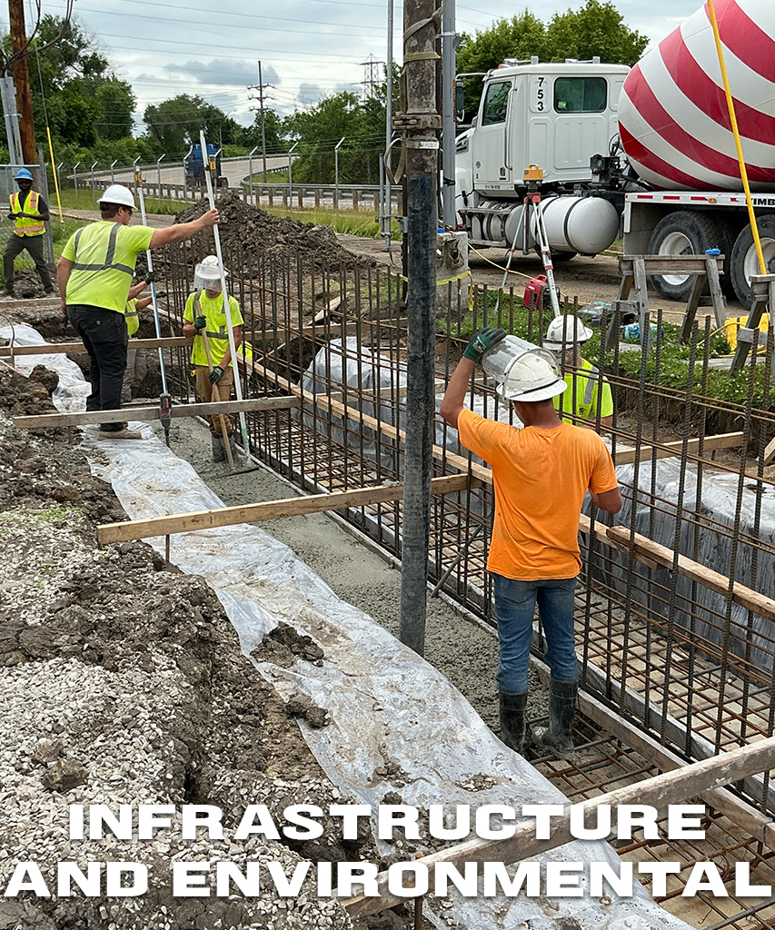 Construction workers next to a concrete truck build a flood wall